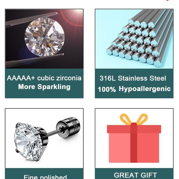 Set of 6 Black Screw Back CZ Stud Earrings for Women and Men, Hypoallergenic 316 - Picture 8 of 9